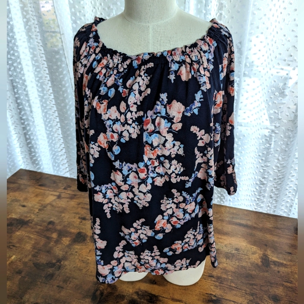 J.Jill Navy Blue Top with Floral Print